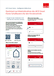 Einbauanleitung mit Claim „Quickstart zur Inbetriebnahme des ACO Smart Home Schaltkastens für den Fensterantrieb“.