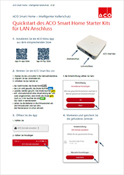 Einbauanleitung mit Claim „Quickstart des ACO Smart Home Starter Kits für LAN Anschluss“.
