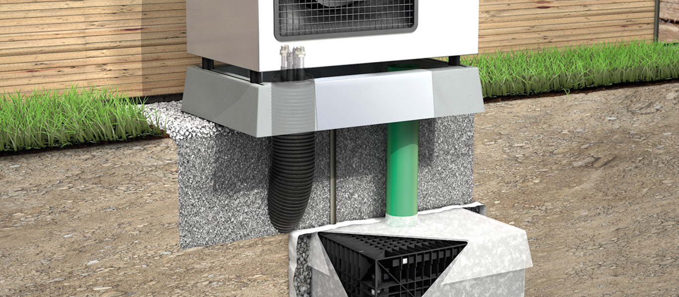 3D-Rendering Querschnitt: oberirdische Wärmepumpe und unterirdischer Sickerbox im Boden.