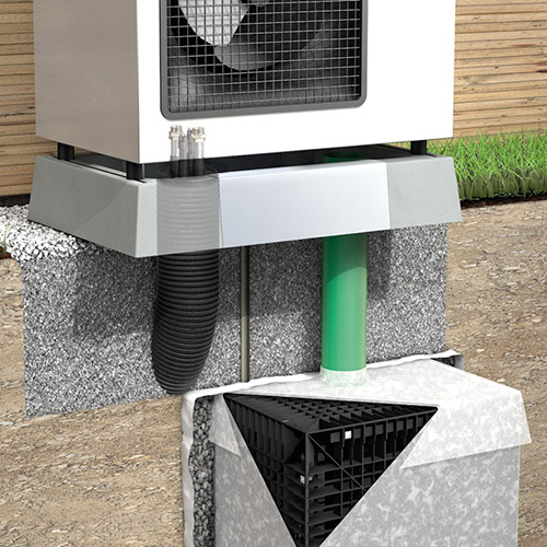 3D-Rendering Querschnitt: oberirdische Wärmepumpe und unterirdischer Sickerbox im Boden.