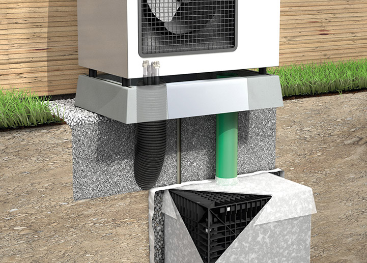 3D-Rendering Querschnitt: oberirdische Wärmepumpe und unterirdischer Sickerbox im Boden.